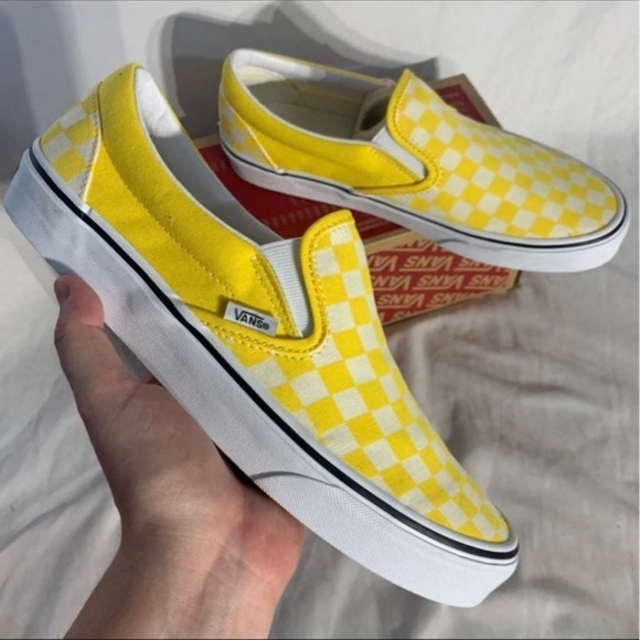 Vans Classic Slip On Checkerboard White Yellow Shoes Mens - Picture 1 of 7